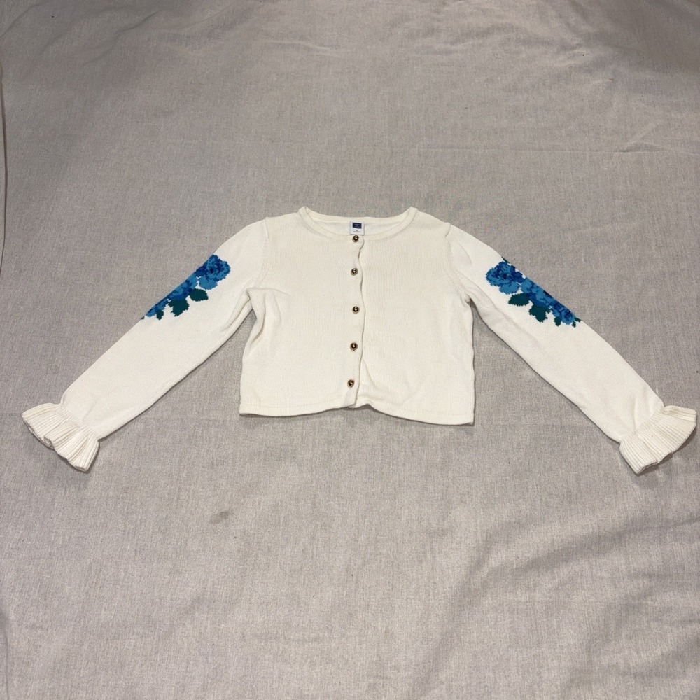 Janie and Jack Girls Cream Cardigan Sweater - Size 5 Blue Flowers 100% Cotton‎